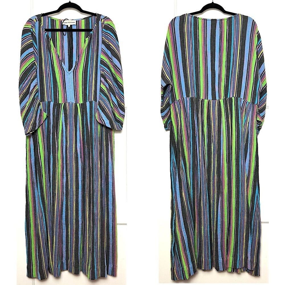 MARA HOFFMAN Colorful Stripe Crinkled Hemp V-Neck Oversized Kaftan Maxi‎ Dress S - Picture 4 of 7